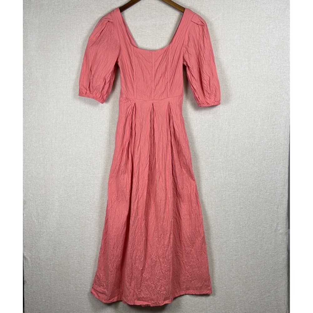 A New Day Womens Coral Pink Seersucker Puff Sleeve Smocked Midi Dress XS Pockets